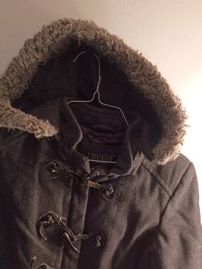 Guess Charcoal Hooded Toggle Coat with Taupe Faux Fur Trim